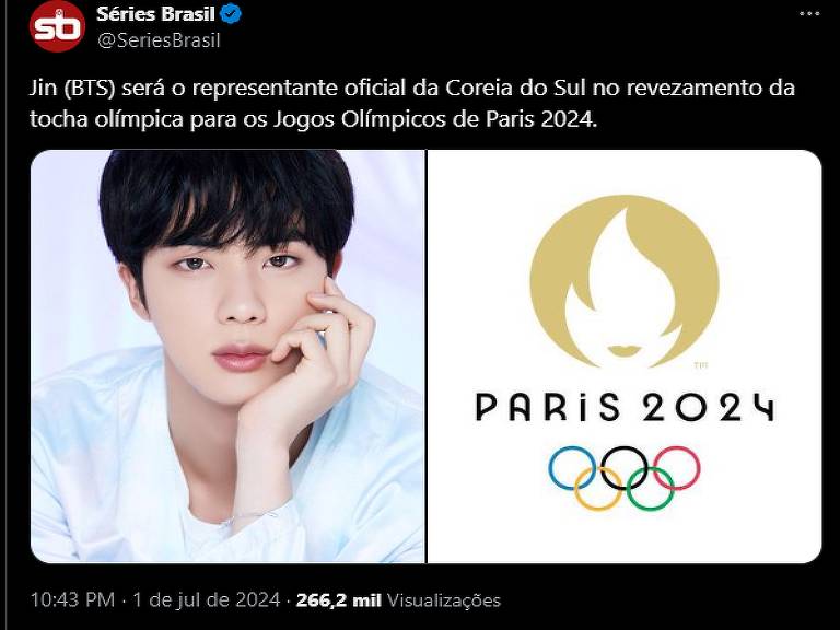 Anuncio de que Kim Seok-jin da banda BTS será representante da Coreia do Sul nos Jogos Olímpicos de Paris