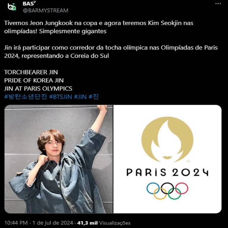 Publicação de @BARMYSTREAM que fala sobre a participação de Kim Seok-jin nos Jogos Olímpicos de Paris