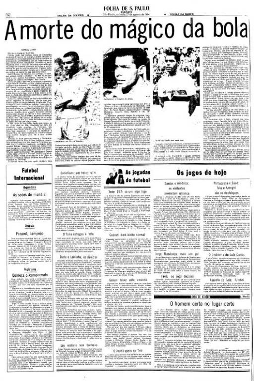 Reportagem sobre a morte de Canhoteiro na Folha de 17 de agosto de 1974