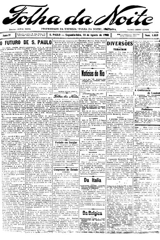 Primeira Página da Folha da Noite de 18 de agosto de 1924