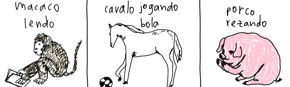 A tirinha de Estela May, publicada em 23/07/24, traz um desenho de um macaco lendo, um cavalo jogando bola e um porco rezando.