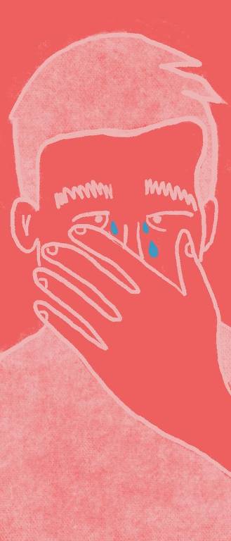 A imagem é uma ilustração estilizada de uma pessoa com a mão cobrindo a boca. A figura é desenhada com linhas brancas sobre um fundo vermelho. A pessoa tem duas lágrimas azuis caindo dos olhos, sugerindo que está chorando.
