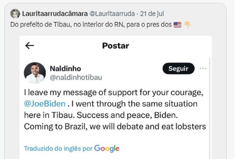 Tuíte de ex-prefeito brasileiro para Biden é falso, segundo político