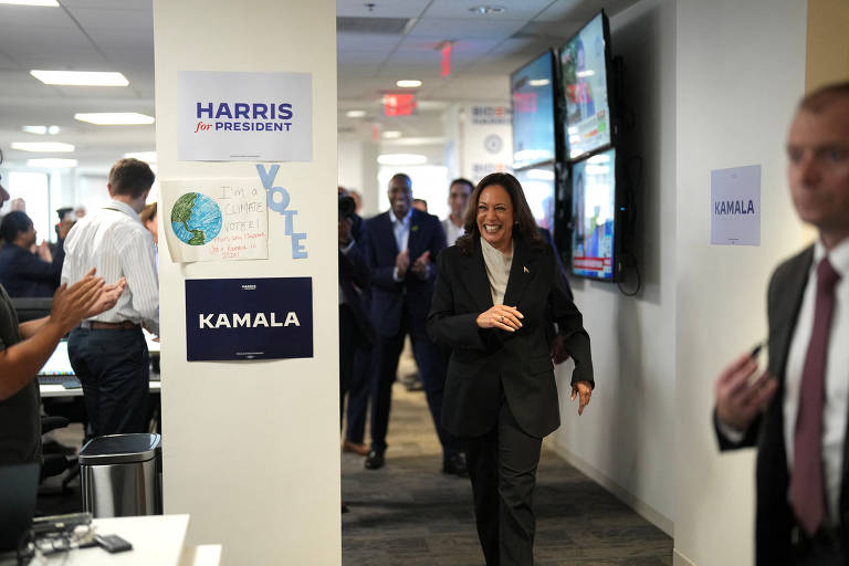 Kamala chega à sede de sua campanha presidencial em Wilmington, nos Estados Unidos