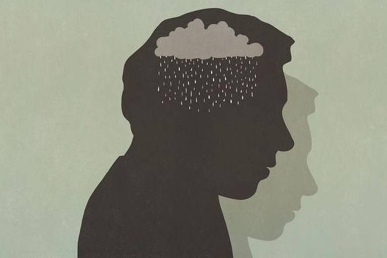 Ilustração do perfil de uma pessoa com o desenho de uma chuva no lugar do cérebro
