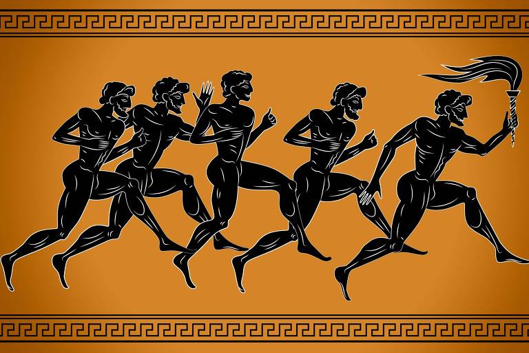 Desenho no estilo grego de cinco homens correndo, o primeiro a direita segura uma tocha. Os desenhos são pretos e fundo é bege-dourado.