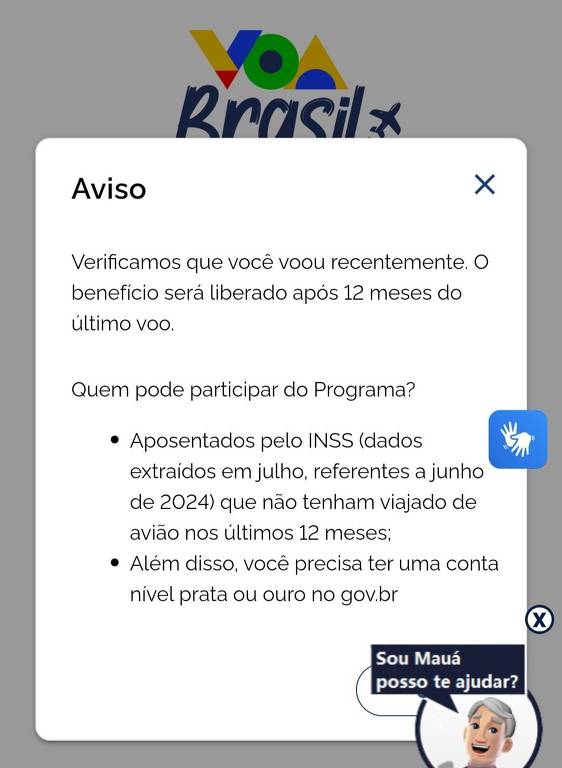 Se tiver voado nos últimos 12 meses, o Portal Voa Brasil emite um aviso ao aposentado