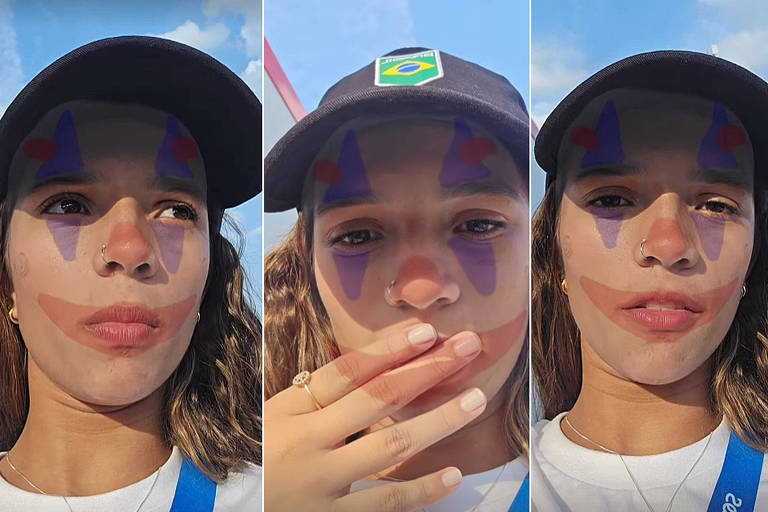 Em postagem no Instagram, a skatista Rayssa Leal usa efeito 'cara de palhaço' para reclamar da organização por não ter ônibus para voltar do local de treinos para a Vila Olímpica