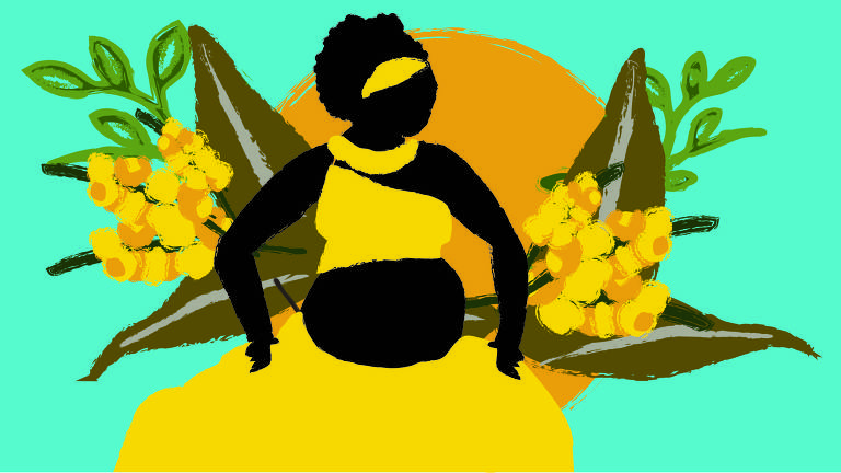 Ilustração de fundo azul claro, com a figura da Orixá Oxum. Ela é uma mulher negra, usa uma roupa amarela e está gestante. Ao seu redor estão flores amarelas e folhas verdes. 