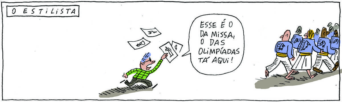 A tirinha Bicudinho, publicada em 26/07/2024, traz o título: O estilista. Abaixo,  um grupo de atletas com o uniforme olímpico do Brasil vai saindo pela direita, Logo atrás, exasperado, segurando croquis na mão, o estilista corre atrás deles e avisa: Esse é o da missa, o das Olimpíadas tá aqui!