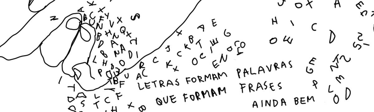 A tirinha em preto e branco de Estela May, publicada em 26/07/24, traz uma mão segurando letrinhas, que formam a frase “LETRAS FORMAM PALAVRAS QUE FORMAM FRASES AINDA BEM”