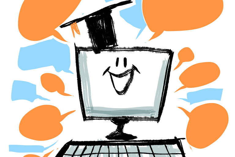 A imagem mostra um computador com uma tela sorridente e um chapéu de formatura. O computador está em cima de um teclado e é cercado por balões de fala em cores laranja e azul, sugerindo comunicação ou diálogo.