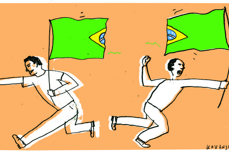 Sobre um fundo cor de laranja claro, ilustração de Martin Kovensky publicada na Folha de S.Paulo em 3 de dezembro de 2023 , mostra dois homens andando em direções opostas. Ambos aparecem no centro da cena e andam para as laterais. Eles são feitos com contorno preto e preenchimento branco deslocado. Os dois seguram um pedaço da bandeira do Brasil, que se partiu ao meio