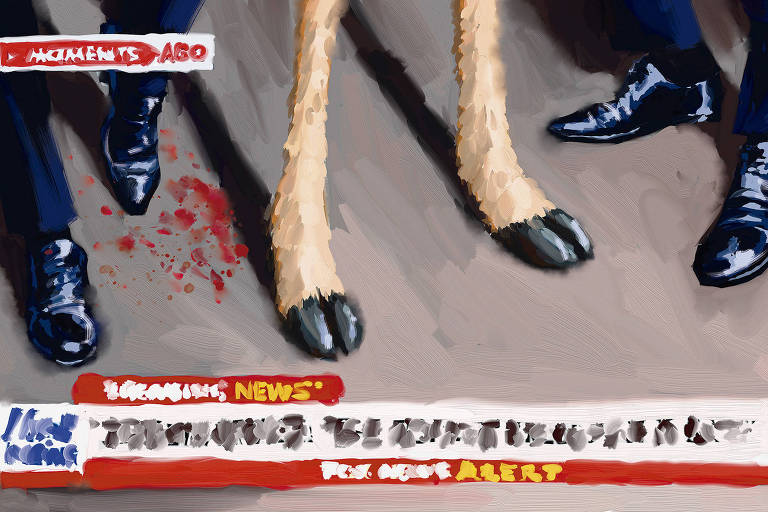 A ilustração de Adams Carvalho, publicada na Folha de São Paulo no dia 28 de Julho de 2024, mostra o desenho da imagem de um telejornal enquadrando duas patas de bode entre uma dupla de pessoas calçando sapatos sociais. No chão ao lado também se encontram algumas gotas de sangue
