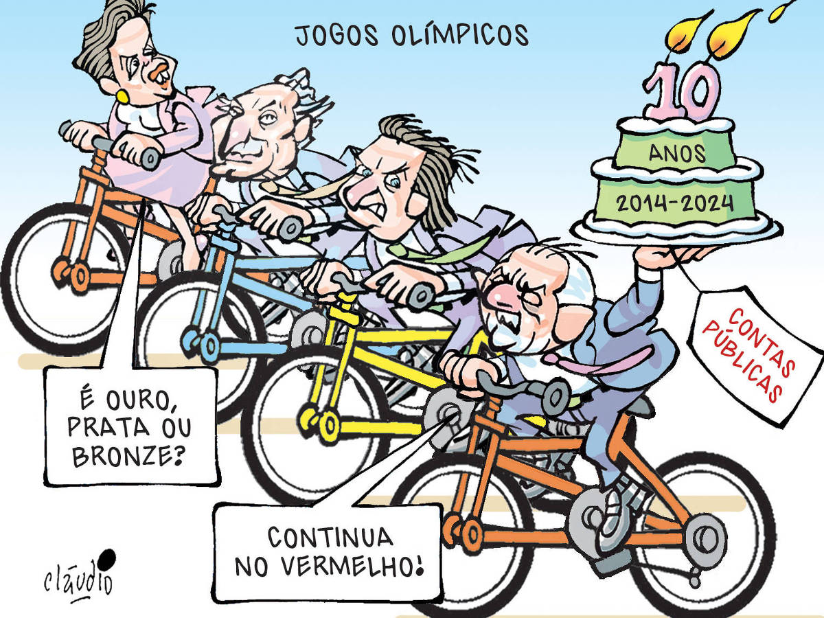 O título da charge é “Jogos Olímpicos”. O desenho mostra Dilma Rousseff, Michel Temer, Jair Bolsonaro e Lula, cada um pedalando uma bicicleta. Dilma pergunta:  - É ouro, prata ou bronze?  Lula responde:  - Continua no vermelho!  Com uma mão, Lula carrega um prato com um bolo de duas camadas. Em cima do bolo, duas velas formam o número 10. Na primeira camada, lê-se a palavra anos. E na segunda, o período 2014-2024. Há uma etiqueta no prato com as palavras “contas públicas”.