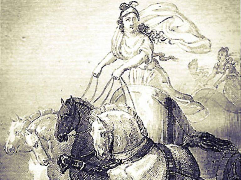 A imagem retrata uma figura feminina montada em dois cavalos, com uma aparência etérea e vestida com uma túnica longa. Ela possui asas e um véu que flui ao vento, criando uma sensação de movimento. O fundo é nebuloso, sugerindo um ambiente místico ou sobrenatural.