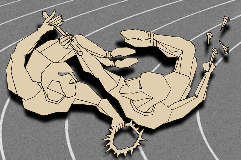 Na ilustração sob um fundo de pista de atletismo de saibro, uma dupla de atletas se contorcem entregando-se o bastão do revezamento.  Um dos atletas segura na mão livre, uma coroa de espinhos, o outro, segura os pregos da crucificação. 