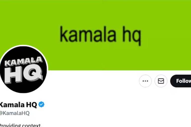 A imagem mostra um perfil do Twitter com um fundo verde. O texto 'kamala hq' está escrito em letras minúsculas e em uma fonte escura. O logotipo 'KAMALA HQ' aparece em um círculo preto, com letras brancas em destaque. Abaixo do logotipo, há o nome 'Kamala HQ' com uma marca de verificação azul ao lado, seguido pelo nome de usuário '@KamalaHQ'. A descrição 'Providing context' está escrita abaixo do nome.