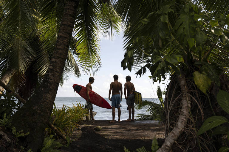 A imagem mostra três pessoas de costas, observando o mar. Eles estão em uma área cercada por palmeiras e vegetação tropical. Um dos indivíduos segura uma prancha de surf vermelha. O céu está claro e o mar é visível ao fundo.