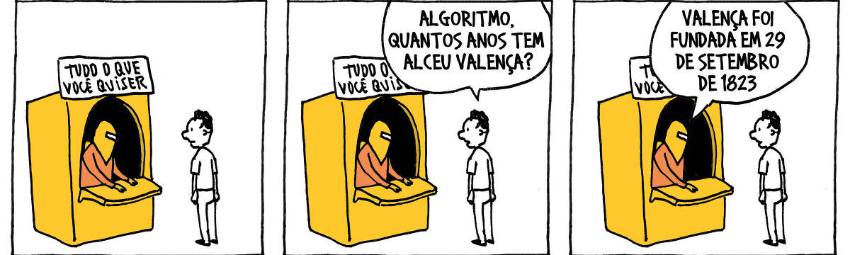 A tira de André Dahmer, publicada em 01.08.2024, tem apenas três quadrinhos. No primeiro, um homem observa o personagem Algoritmo, que está dentro de um guichê. Há uma placa que diz: "Tudo o que você quiser". No segundo quadro, o homem pergunta: "Algoritmo, quantos anos tem Alceu Valença?". No terceiro e último quadro, o Algoritmo responde: "Valença foi fundada em 29 de setembro de 1823".