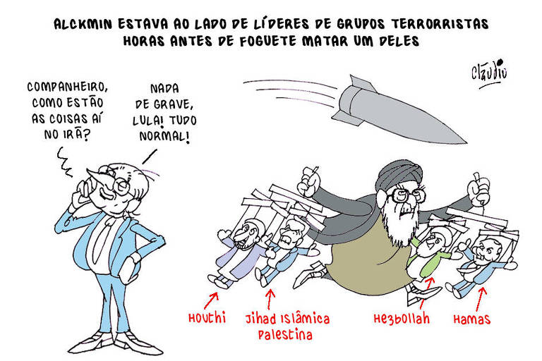 O título da charge é Alckminestava ao lado de líderes de grupos terroristas horas antes de foguete matarum deles. O desenho mostra Geraldo ao celular falandocom Lula. O presidente pergunta:- Companheiro, como estão as coisas aí no Irã?Alckmin responde:- Nada de grave, Lula! Tudo normal!Ao fundo aparece  o aiatoláAli Khamenei, líder supremo do Irã, correndo e segurando marionetes que representamlíderes do Houthi, Jihad Islâmica Palestina, Hamas e Hezbollah. Sobre a cabeçado aiatolá cai um foguete.