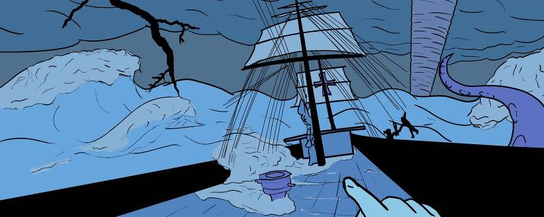 Convés de navio com o mar agitado em volta, com ondas, o tentáculo de um polvo se elevando e um tufão ao fundo; a ilustração é toda no tom azul