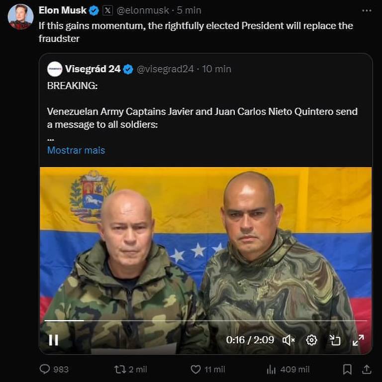 A imagem mostra um tweet de Elon Musk, onde ele menciona que o presidente legitimamente eleito substituirá o presidente atual. Abaixo, há um vídeo com dois homens em uniformes militares, posando em frente a uma bandeira da Venezuela.