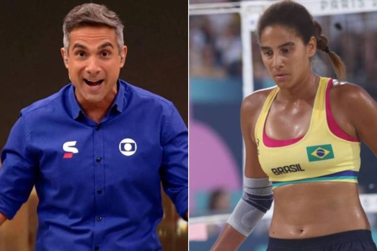 Em foto colorida, um homem de camisa azul e colocado lado a lado de uma mulher com uniforme de vôlei de praia em uma montagem