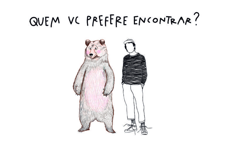 Quem vc prefere encontrar? é a pergunta que convida o leitor a apreciar o desenho dessa semana. Um urso simpático marrom com bochechas rosadas, barriga mais clara, com as patas abaixadas acompanhando seu corpo ereto, sendo o animal da mesma altura de um homem. Branco - de cabelos pretos vestindo boné, calça, blusa de mangas compridas listradas, meias e AllStar. Os dois estão lado a lado, logo abaixo da frase, encarando quem vos lê.