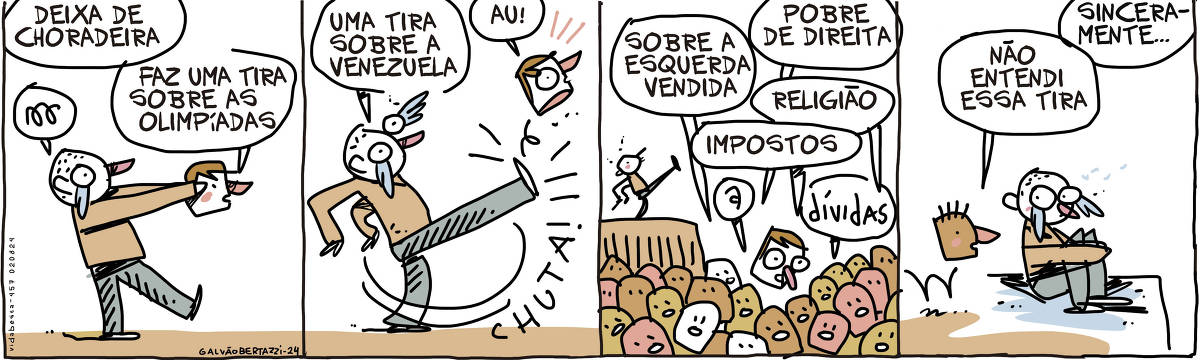 A tira de Galvão Bertazzi se chama Vida Besta e está dividida em quatro quadros. No primeiro quadro um homem chorando carrega uma cabecinha enquanto caminha. A cabecinha diz: Deixa de choradeira! Faz uma tira sobre as olimpíadas! No segundo quadro a cabecinha diz: Uma tira sobre a Venezuela O homem da-lhe um chutão e ela voa longa. A cabecinha grita: AU! No terceiro quadro a cabecinha cai num fosso onde muitas outras cabecinhas estão. Todas falando ao mesmo tempo: Sobre esquerda vendida! Pobre de Direita! Religião! Impostos! A! Dívidas. NO quarto quadro uma cabecinha se aproxima quicando e diz: Não entendi essa tira! Sinceramente.... O homem continua chorando, agora sentado no chão.