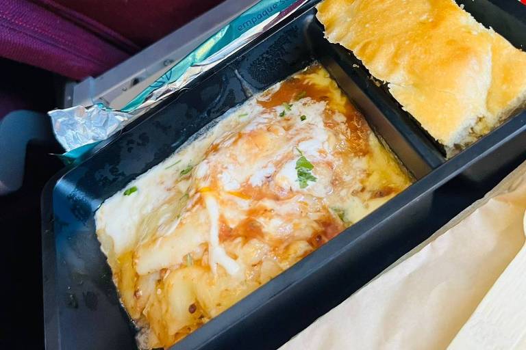 A imagem mostra uma refeição servida em um avião, com um prato retangular contendo um prato principal coberto com molho e vegetais, ao lado de um pão. O fundo é de um assento de avião, com uma cor vermelha.