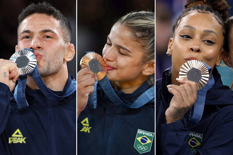 Montagem com três imagens separadas de atletas beijando medalhas olímpicas. Willian Lima, à esquerda, com prata, e Larssa Pimenta e Lorrane Oliveira, ao centro e direita, com bronze. Eles usam blusa azul-escura, uniforme oficial da seleção, com figura com elementos da bandeira do Brasil, em verde, amarelo e azul, do lado esquerdo do peito. 