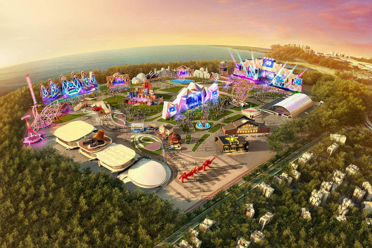 Imagem 3D de mapa do Rock in Rio 2024. 