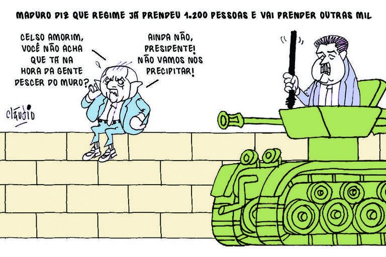 O título da charge é Maduro diz que regime já prendeu 1.200 pessoas e vai prender outras mil. O desenho mostra Lula ao celular falando com Celso Amorim. Lula pergunta: - Celso Amorim, você não aho que tá na hora da gente descer do muro? O diplomata responde: Ainda não, presidente! Não vamos nos precipitar! Vindo do canto direito, aparece Nicolás Maduro com um cassetete na mão montado em um tanque de Guerra.