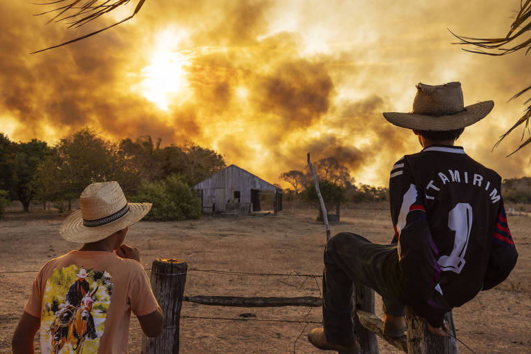 A imagem mostra duas pessoas sentadas em um tronco, observando um incêndio florestal ao fundo. O céu está tomado por fumaça e chamas, criando uma atmosfera dramática. Uma das pessoas usa um chapéu de palha e uma camiseta colorida, enquanto a outra está de costas, vestindo uma camisa preta com o número 1. Ao fundo, há uma construção simples, possivelmente uma casa, cercada por vegetação seca