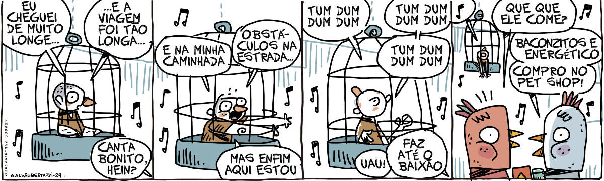 A tira de Galvão Bertazzi se chama Vida Besta e está dividida em quatro quadros. No primeiro quadro um homem está preso dentro de uma gaiola. Ele canta: Eu cheguei de muito longe... e a viagem foi tão longa... Alguém diz: Canta bonito, hein? No segundo quadro o homem na gaiola continua a cantoria: E na minha caminhada, obstáculos na estrada, mas enfim aqui estou No terceiro quadro o homem na gaiola gesticula como se estivesse tocando um baixo e canta: Tum dum dum dum Tum dum dum dum Tum dum dum dum  Alguém diz: Uau! Faz até o baixão! No quarto quadro dois pássaros estão conversando. Um deles pergunta: Que que ele come? O outro responde: Baconzitos e energético. Compro no pet shop. O homem continua a cantar dentro da gaiola, ao fundo.