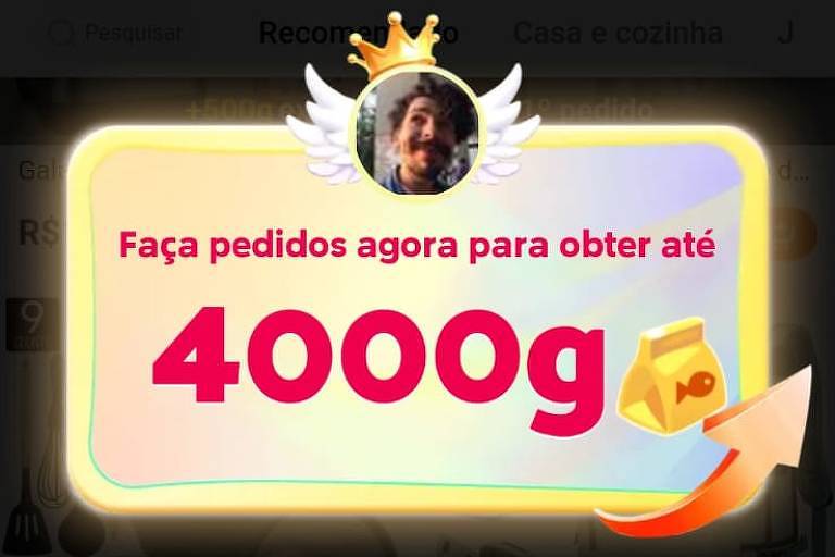 Tela de celular mostra jogo, com a indicação: "Faça mais pedidos para receber mais ração". Banner indica ganhos de 4.000 gramas.