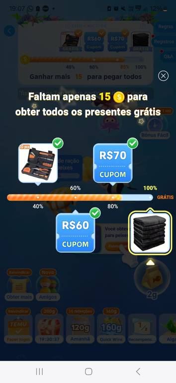 Jogo da Temu oferece brindes, mas pode tomar mais tempo do que o esperado