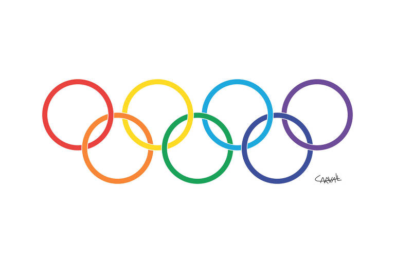 O símbolo olímpico com as cores do movimento LGBTQIA+