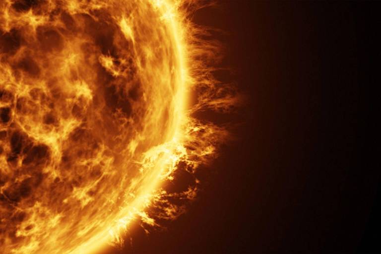 Ilustração mostra explosões solares na superfície do sol