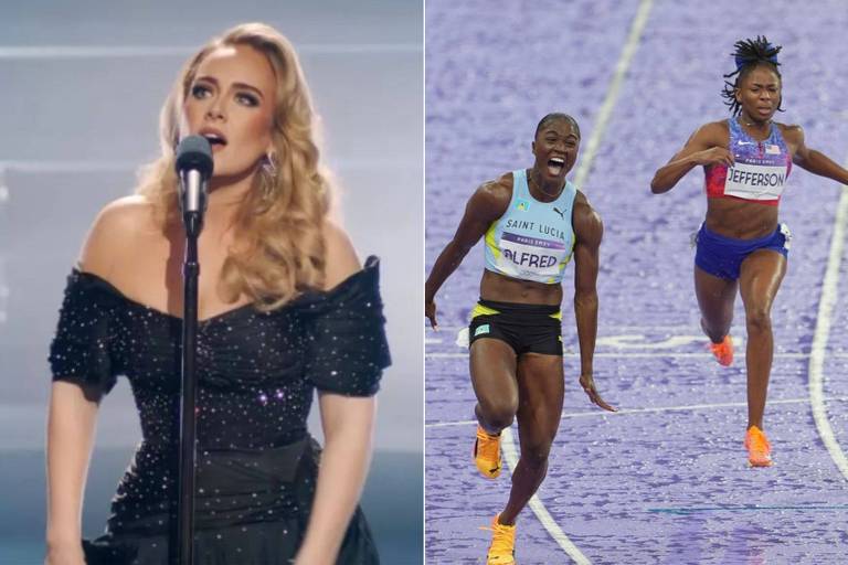 Em foto montagem colorida, mulher apare cantando em um show e na outra foto a final de uma corrida de atletismo feminino