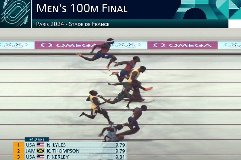 'Photo-finish' da chegada da prova masculina dos 100 m rasos nos Jogos Olímpicos de Paris