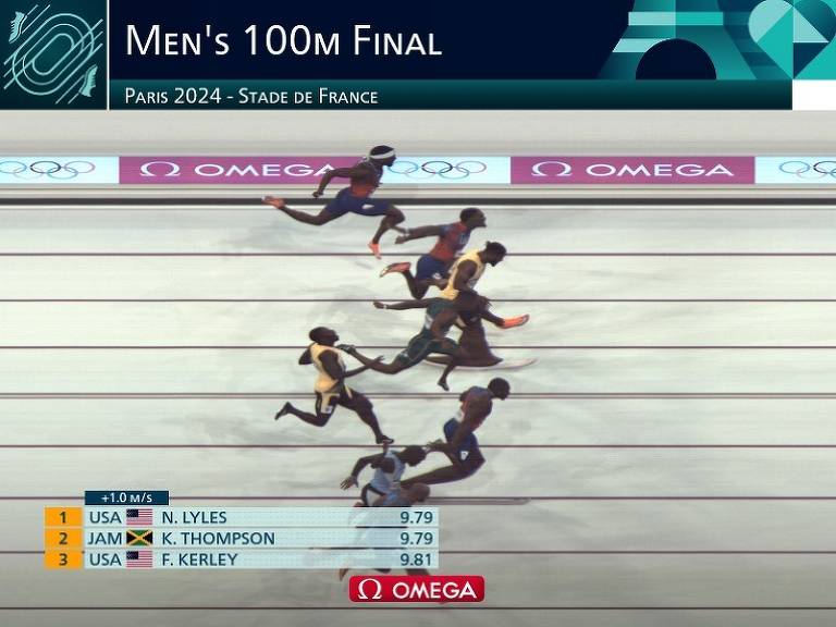 'Photo-finish' da chegada da prova masculina dos 100 m rasos nos Jogos Olímpicos de Paris