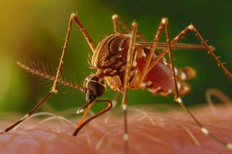 A imagem mostra um close-up de um mosquito em uma superfície de pele. O mosquito está posicionado de lado, com suas pernas longas e finas visíveis. O corpo do mosquito é detalhado, apresentando uma coloração marrom e dourada, e sua probóscide está inserida na pele
