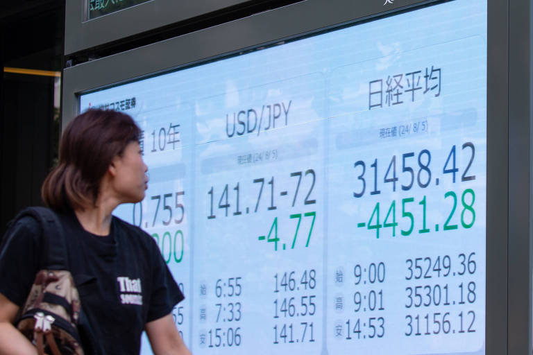 Pedestre observa painel com dados sobre a Bolsa de Tóquio nesta segunda-feira (5)