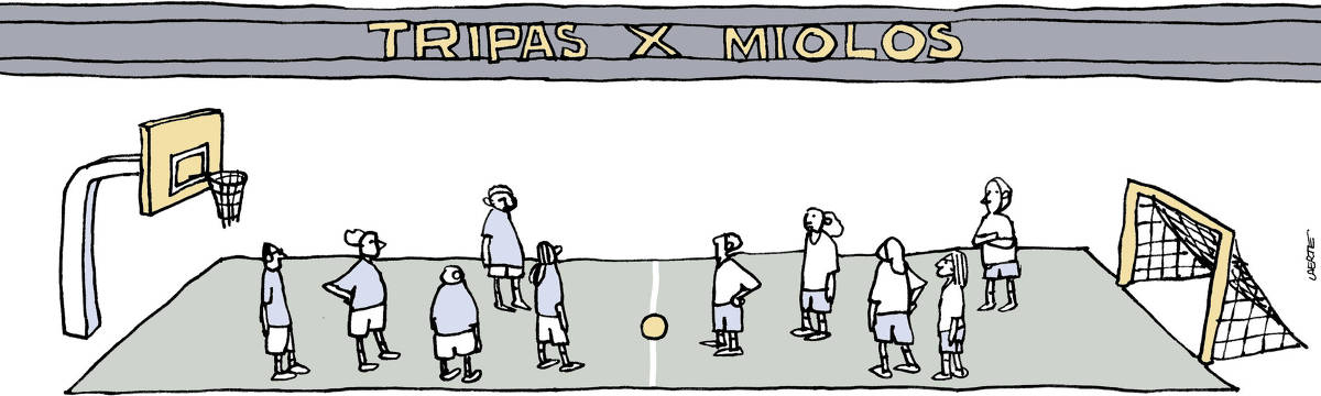 Tira de Laerte, em uma única imagem: Uma quadra esportiva, com dois times de cinco pessoas, posicionados nas duas metades da quadra. Uma bola está parada no meio do campo. Todos aguardam o início da partida. De um lado da quadra há um gol, com traves e rede. Do lado oposto há uma cesta de basquete. No alto, um grande placar expõe os adversários: “TRIPAS VERSUS MIOLOS”