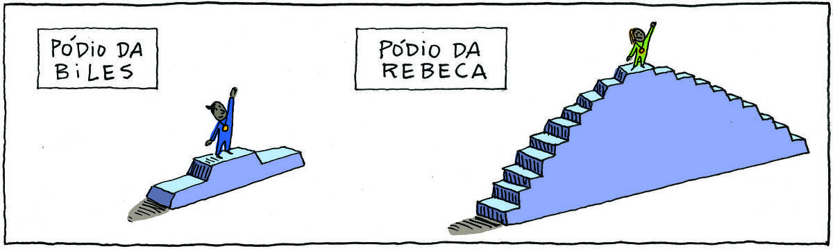 A tirinha Bicudinho, publicada em 06/08/2024, traz uma menina negra, vestida de azul, com uma medalha no peito, no topo de um pódio igual ao das Olimpíadas. Acima, a legenda: Pódio da Biles. Ao lado, uma menina negra, vestida de verde, também com uma medalha no peito, está no topo de um p´ødio muito mais alto, com muitos degraus. Acima, a legenda: Pódio da Rebeca.