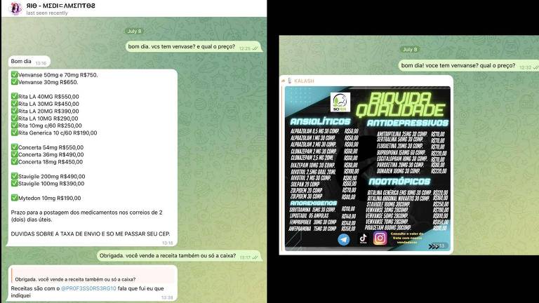 Conversa de chat do telegram que mostra vendedores ofertando remédios controlados