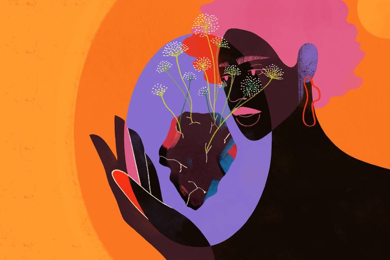 Ilustração mostra uma mulher negra de cabelos rosa, segurando um fragmento de carvão com pequenas flores.