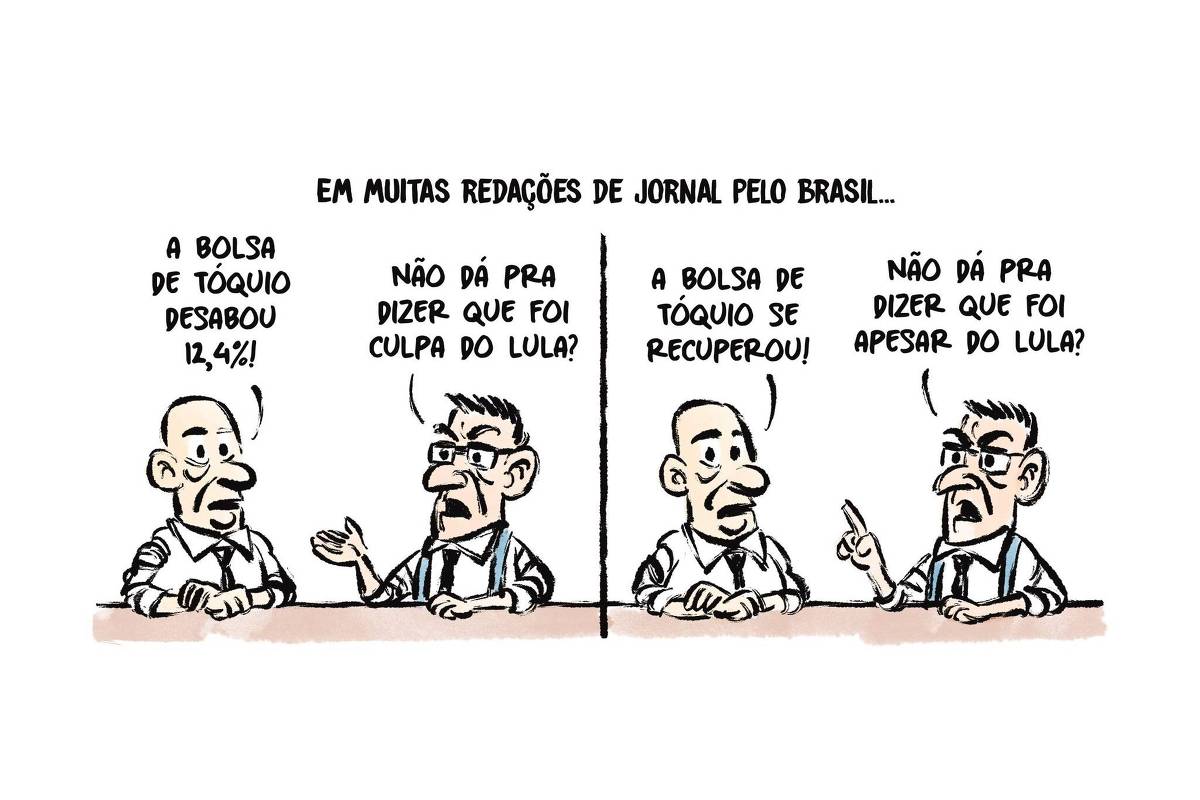 A charge tem o título: "Em muitas redações de jornal pelo Brasil" E dois jornalistas conversam: Um jornalista fala A bolsa de tóquio desabou 12,4%." E o outro responde: "Não dá pra dizer que foi culpa do Lula?" E num segundo momento o jornalista fala "A bolsa de tóquio se recuperou!" E o homem responde: "Não dá pra dizer que foi apesar do Lula?"